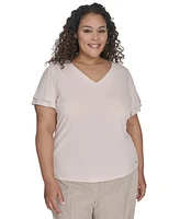 Calvin Klein Plus Solid V-Neck Double-Ruffle Top