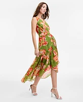 Anne Klein Women's Floral-Print High-Low Faux-Wrap Dress