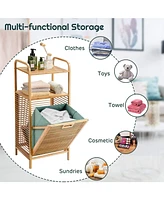 Tilt-out Bamboo Laundry Hamper with 2-Tier Shelf and Removable Liner