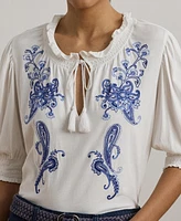 Lauren Ralph Women's Embroidered Jersey Tie-Neck Top