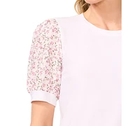CeCe Women's Puff-Sleeve Mixed-Media Top