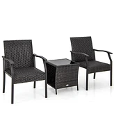 Gymax 3 Piece Patio Weather Resistant Conversation Set Wicker Chair w/ Quick Dry Foam Tempered Glass Table