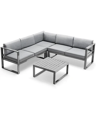 Gymax 4 Piece Aluminum Patio Furniture Set Outdoor Conversation Set w/ Coffee Table & Cushions