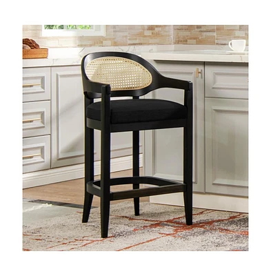 Mid-Century Modern 26" Counter Stool, 1PK Cane Back Bar Chair, Solid Oak Frame for Kitchen Island & Home Bar-The Pop