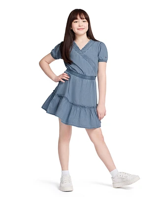 Tommy Hilfiger Big Girls Denim Wrap Front Short Sleeve Dress
