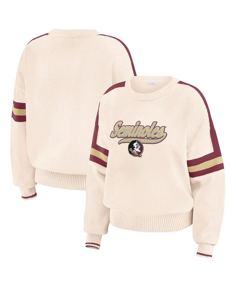 Wear by Erin Andrews Women's Cream Florida State Seminoles Chenille Woven Patch Stripe Pullover Sweater