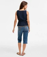 Democracy Womens Embroidered Peplum Top Ab Solution Skimmer Fray Hem Cropped Jeans