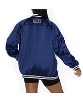 Gameday Couture Women's Navy/White New England Patriots Oversized Hot Shot Rhinestone Throwback Full-Snap Varsity Bomber Jacket