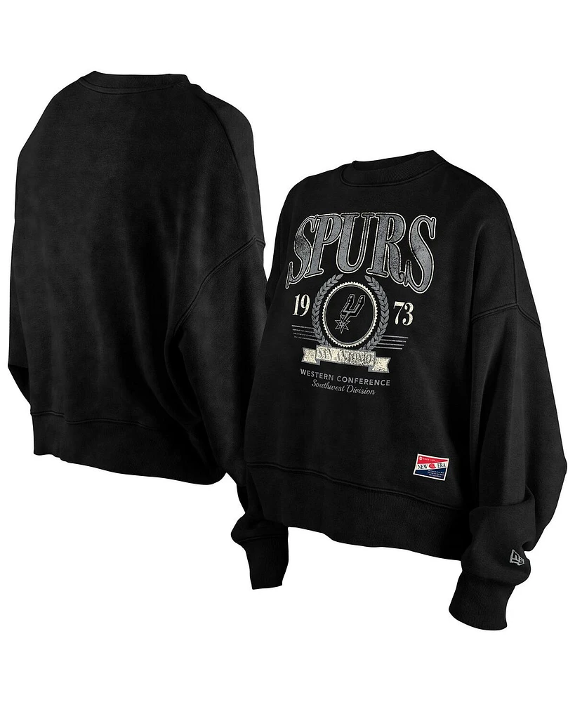 New Era Women's Black San Antonio Spurs Hardwood Classics Enzyme Wash Oversized Boxy Pullover Sweatshirt