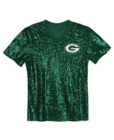 Outerstuff Big Girls Green Bay Packers Wordmark Sequin V-Neck Top