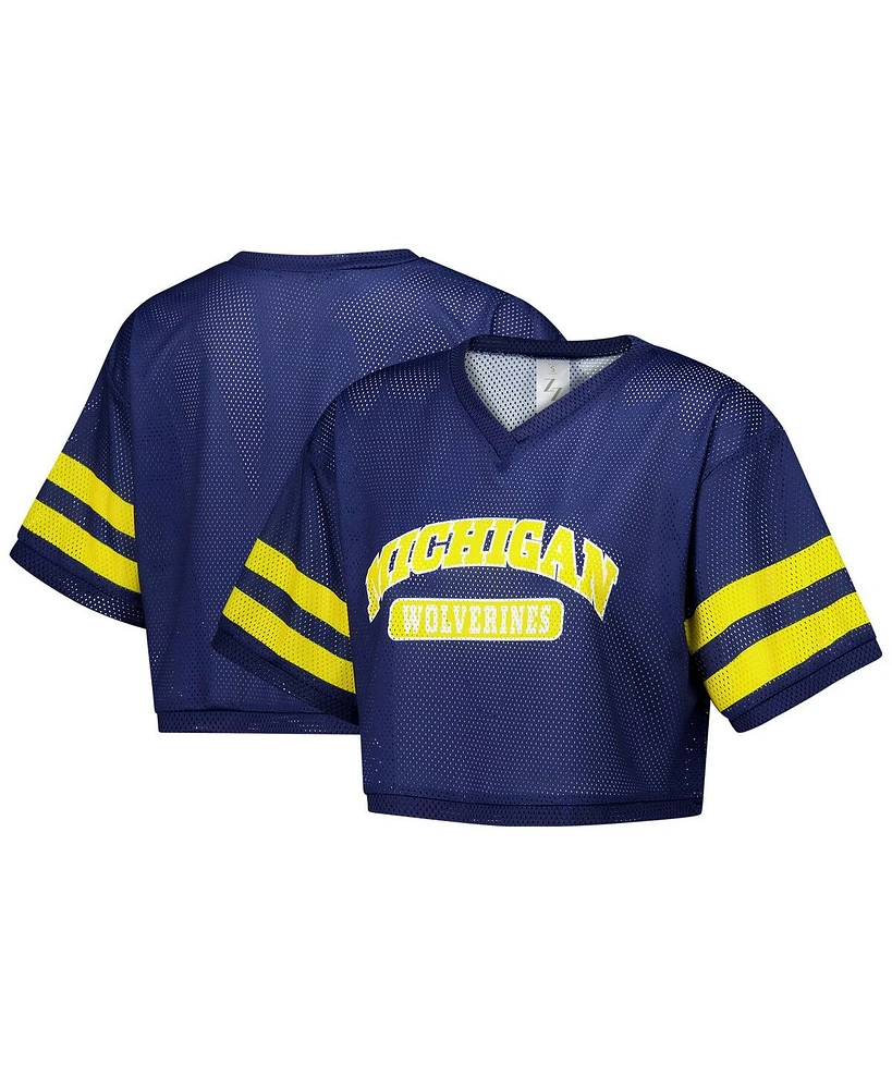 ZooZatz Women's Navy Michigan Wolverines Mesh Cropped V-Neck T-Shirt