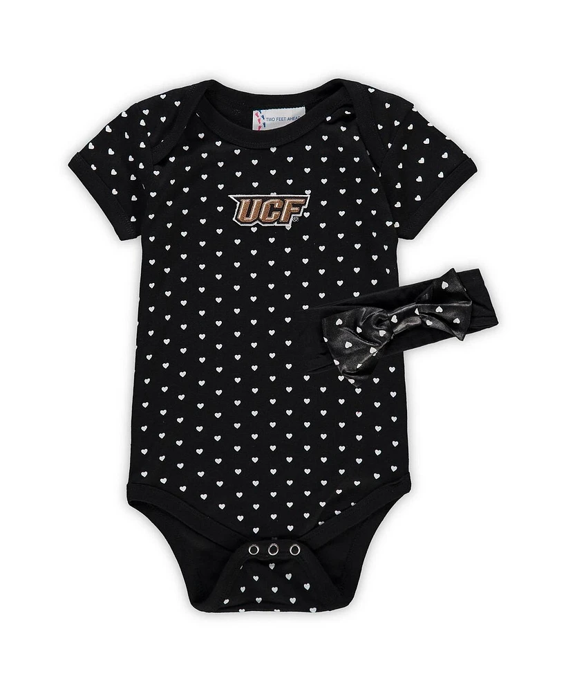 Two Feet Ahead Girls Baby Boys and Black Ucf Knights Hearts Bodysuit Headband