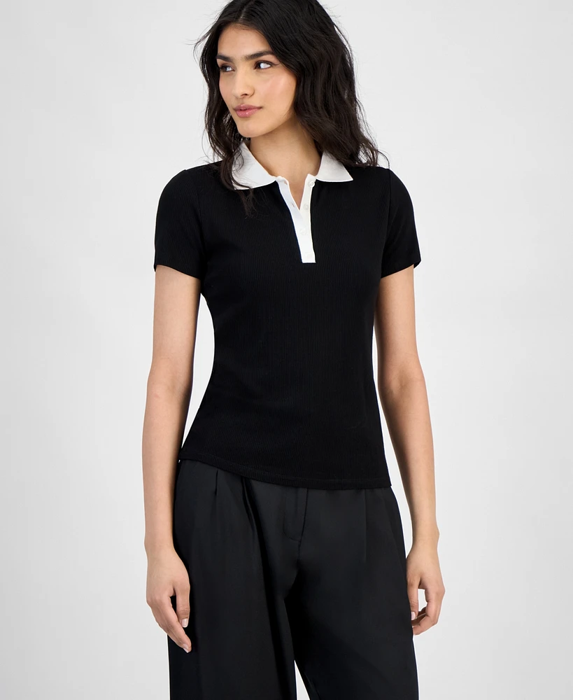 Bar Iii Women's Short-Sleeve Rib-Knit Polo Shirt, Exclusively at Macy's