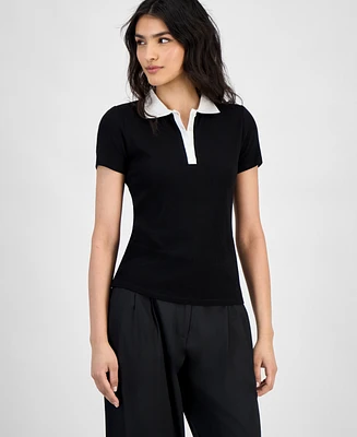 Bar Iii Women's Short-Sleeve Rib-Knit Polo Shirt, Exclusively at Macy's