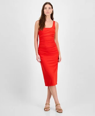 Bar Iii Women's Ribbed-Knit Square-Neck Ruched Dress, Exclusively at Macy's