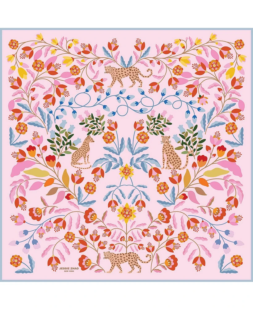 Jessie Zhao New York Double Sided Wool Silk Scarf Of Pink Blossom Jungle