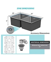 31-Inch Brushed Stainless Steel Sink Under The Table 9-Inch Deep 50/50 Double Grooves With Drain Grid And Drainer