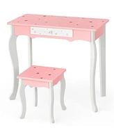 Kids Princess Vanity Table and Stool Set with Tri-folding Mirror and Drawer