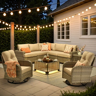 Xizzi 9 Pieces Outdoor Patio Furniture Set,Rattan Sectional Sofa Couch,Outside Coversation Set with Extra Deep Swivel Chairs and Solar Coffee Table fo