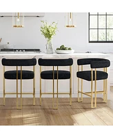 Set of 3 Counter Height Bar Stools, Chenille Upholstered Chairs with Gold Metal Legs-Maison Boucle