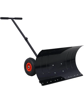 Snow Shovel with Wheels, Snow Pusher, Cushioned Adjustable Angle Handle Snow Removal Tool, 29" Blade, 10" Wheels,black color