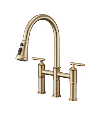 Bridge Kitchen Faucet with Pull Down Sprayer for Sink 3 Holes Double Handle Brass Vintage Faucets, Brushe