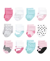 Luvable Friends Baby Girls Newborn Terry Socks, Mint Pink Mary Janes 12-Pack, 0-6 Months