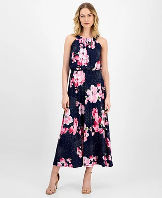Robbie Bee Petite Floral-Print Pleat-Neck Jersey Dress