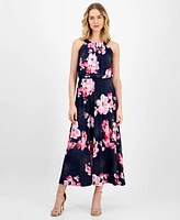 Robbie Bee Petite Floral-Print Pleat-Neck Jersey Dress