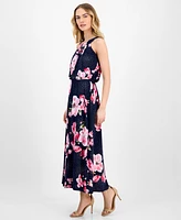 Robbie Bee Petite Floral-Print Pleat-Neck Jersey Dress