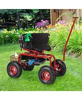 Rolling Garden Cart with Height Adjustable Swivel Seat and Storage Basket