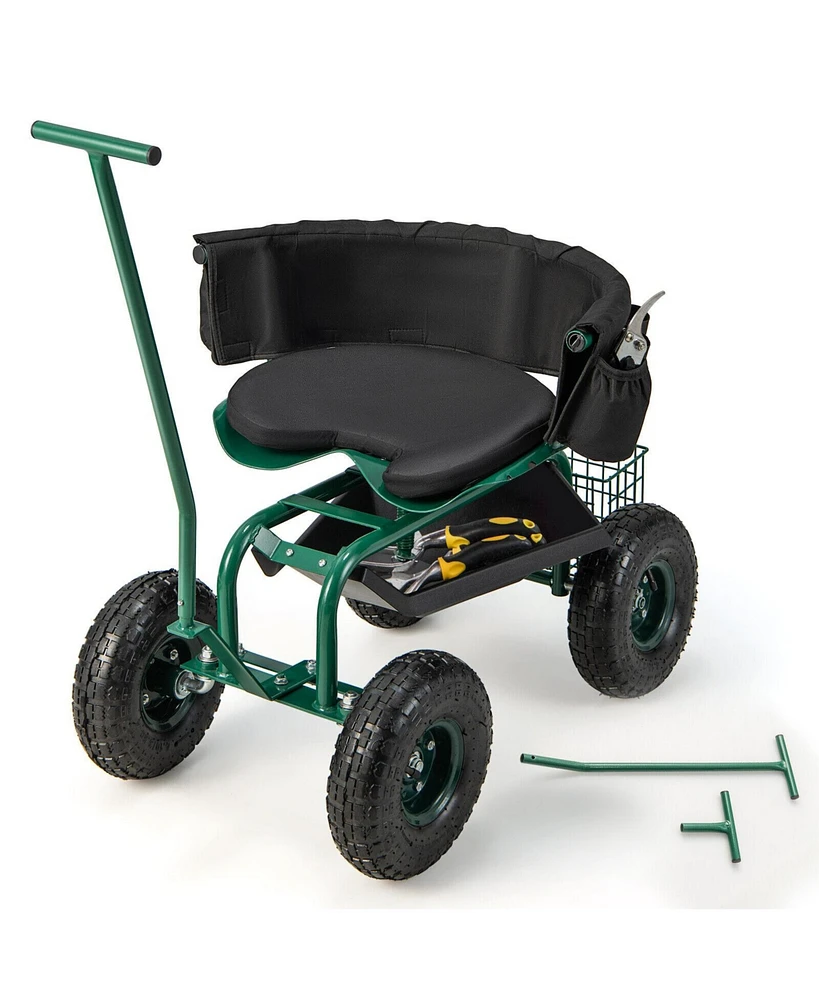 Rolling Garden Cart with Height Adjustable Swivel Seat and Storage Basket