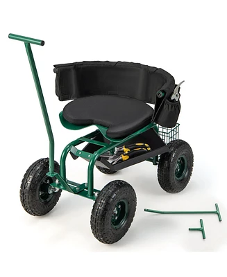 Rolling Garden Cart with Height Adjustable Swivel Seat and Storage Basket