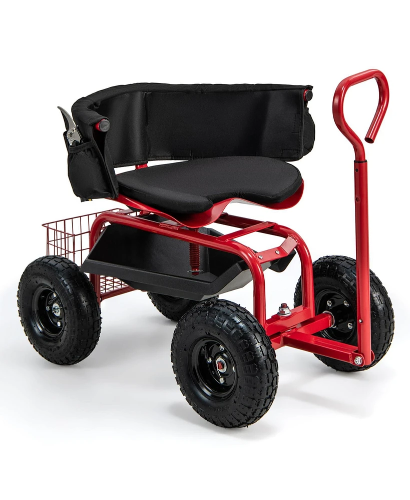 Cushioned Rolling Garden Cart Scooter with Storage Basket and Tool Pouch