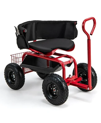 Cushioned Rolling Garden Cart Scooter with Storage Basket and Tool Pouch