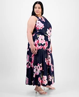 Robbie Bee Plus Floral-Print Pleat-Neck Jersey Dress