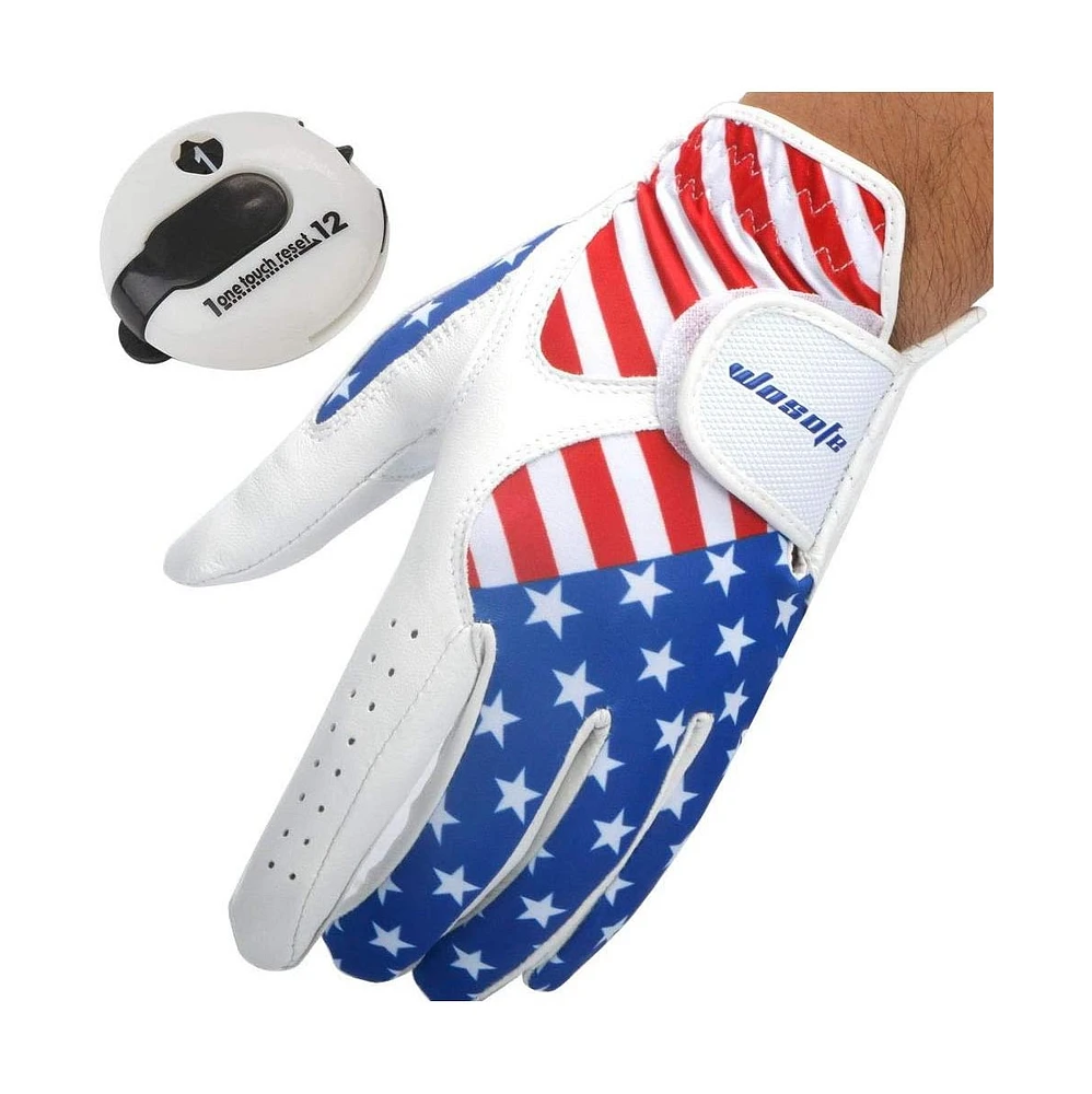 Wosofe Golf Gloves Men's Left Hand Cabretta Leather with Score Counter Usa Flag White Soft Breathable Professional Mini