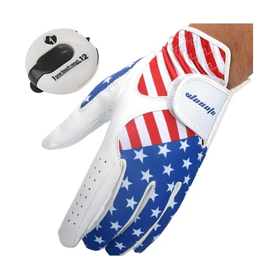 Wosofe Golf Gloves Men's Left Hand Cabretta Leather with Score Counter Usa Flag White Soft Breathable Professional Mini