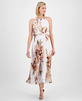 Robbie Bee Petite Floral-Print Elastic-Waist Pleated Halter Midi Dress