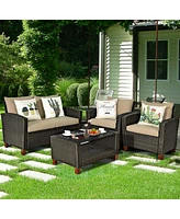 8PCS Patio Rattan Furniture Set Solid Wood Leg Cushioned Sofa Garden Lawn