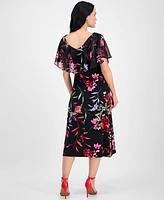 Connected Petite Printed Cape-Overlay Midi Dress