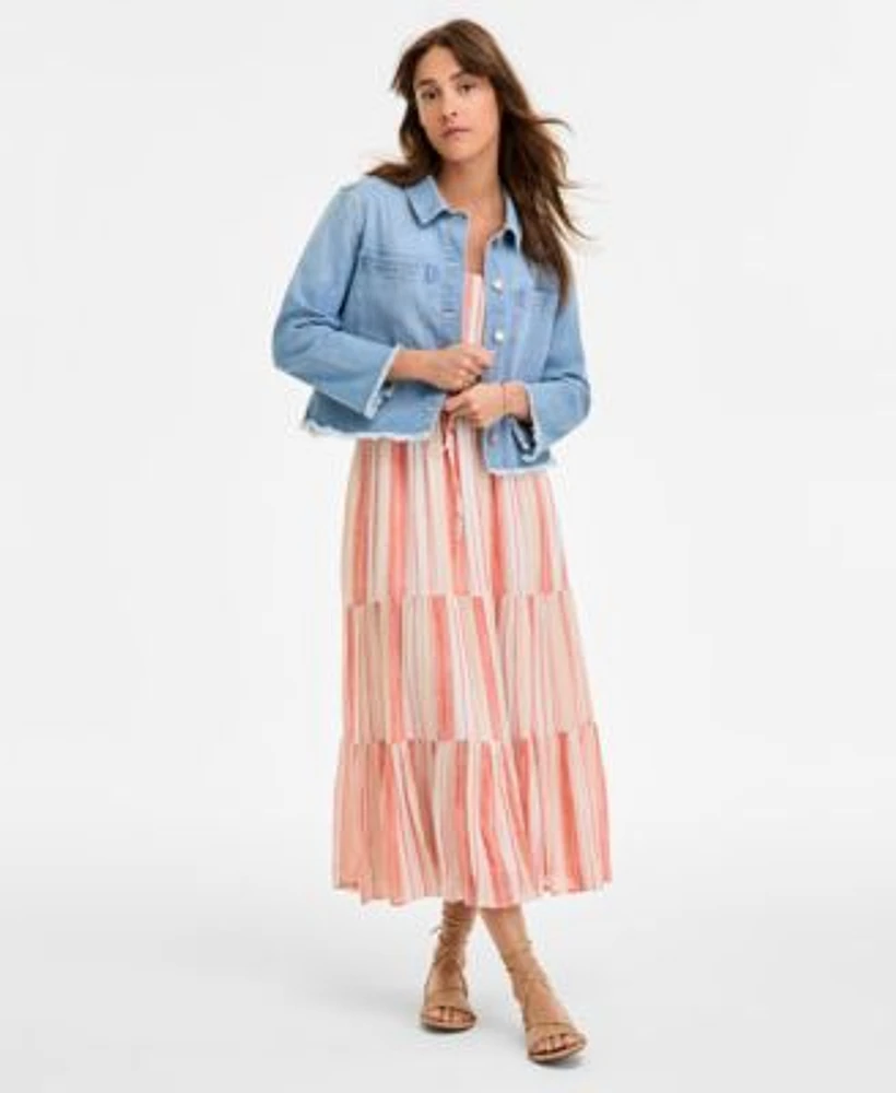 Liverpool Los Angeles Womens Striped Denim Cropped Shacket Flutter Sleeve Maxi Dress