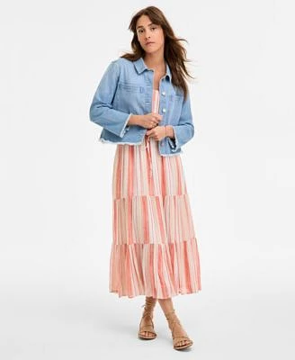 Liverpool Los Angeles Womens Striped Denim Cropped Shacket Flutter Sleeve Maxi Dress
