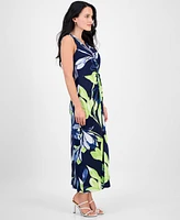 Connected Petite Twisted-Front Floral-Print Maxi Dress
