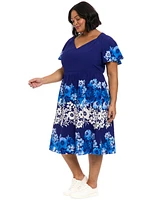 London Times Plus Placed-Floral Flutter-Sleeve Dress