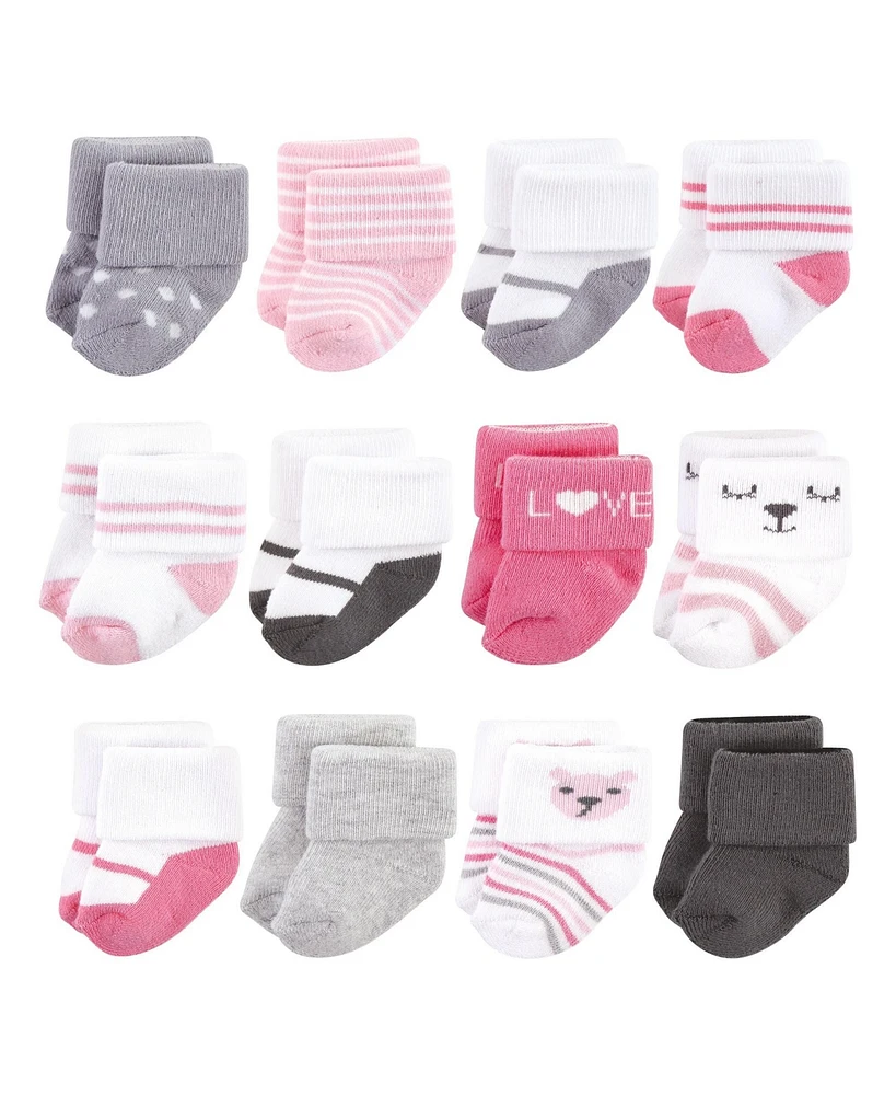 Hudson Baby Girls Cotton Rich Newborn and Terry Socks, Bear 12Pk, Months