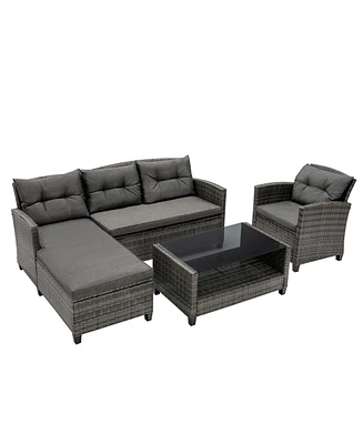 Gymax 4 Piece Rattan Outdoor Conversation Sectional Sofa Set Patio Furniture Set w/ Cushions