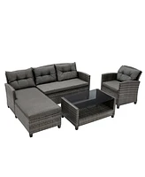 Gymax 4 Piece Rattan Outdoor Conversation Sectional Sofa Set Patio Furniture Set w/ Cushions