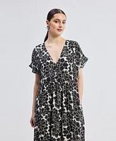 Reistor Women's Deep V-neck Maxi Dress with Front Gathers Black Florals