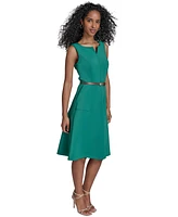 Calvin Klein Women's Split-Neck Belted Scuba Dress